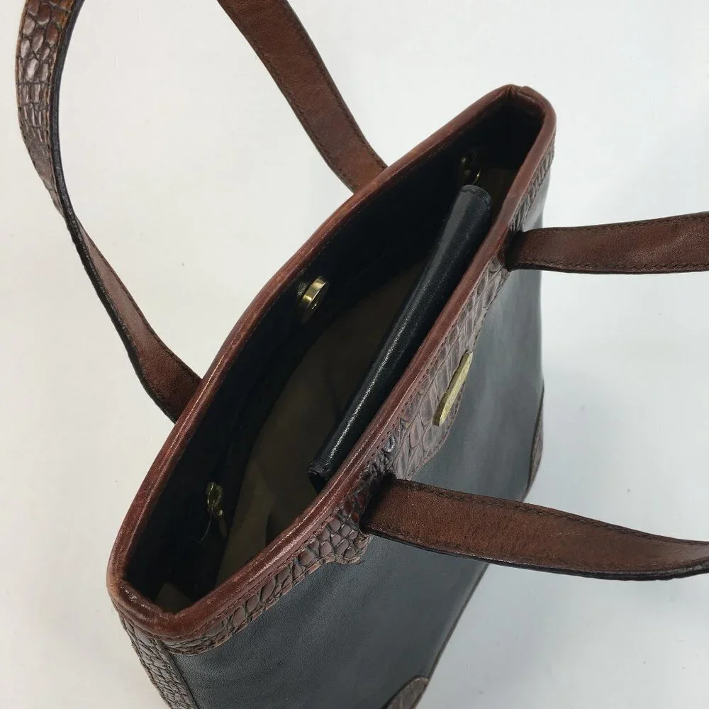 Brahmin Black and Brown Leather Croc Embossed Bucket Shoulder Hand Bag
